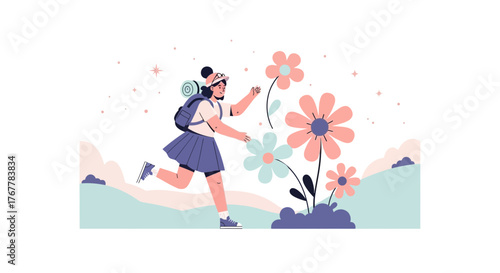 Joyful Explorer Chasing Blooms: A Whimsical Journey Amongst Wildflowers and Dales