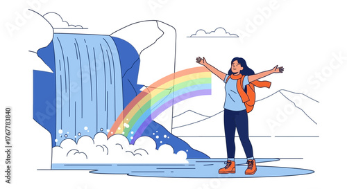 Joyful Explorer Stands Before Dynamic Waterfall And Embraces The Beauty Of Nature