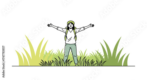 Joyful Person Outdoors, Expressing Freedom And Happiness With Open Arms, Illustration