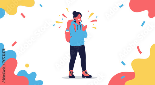 Joyful Female Hiker Celebrates Success Amidst Colorful Confetti And Decorative Elements