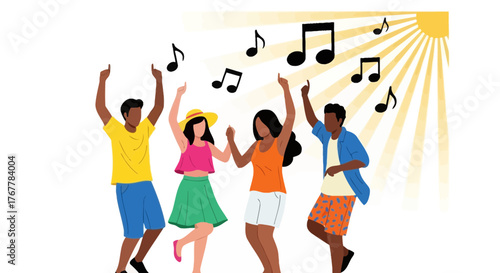 Joyful Group Dancing Outdoors With Musical Notes And Sunshine Radiating Above Them