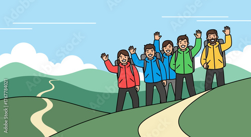 Joyful Group Hiking Together, Waving Hands on a Scenic Mountain Trail Adventure