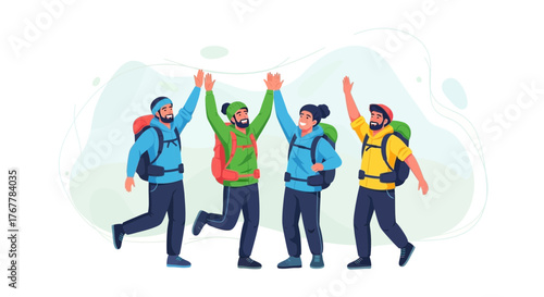 Joyful Group Of Adventurers Celebrating High Five After Successful Hiking Expedition