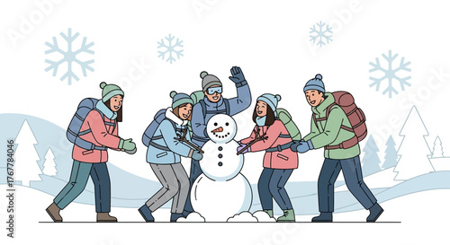 Joyful Group of Friends Building a Snowman on a Snowy Winter Day Together