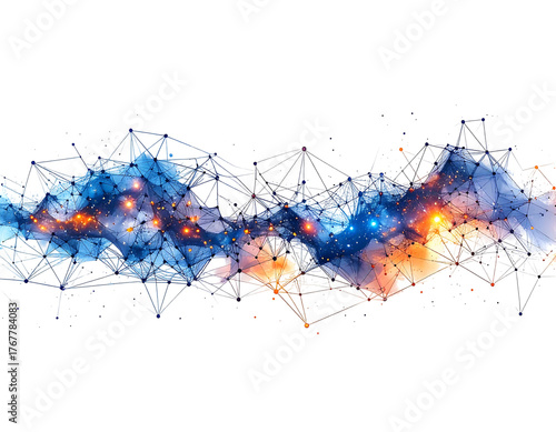 Abstract network of interconnected triangles forming nebulous cloud with orange and blue glow on a black background