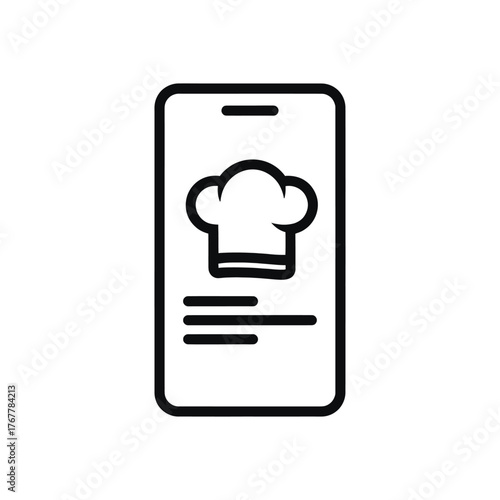 Vector art of smartphone displaying a chefs hat icon and lines of text, symbolizing a recipe app or culinary guide
