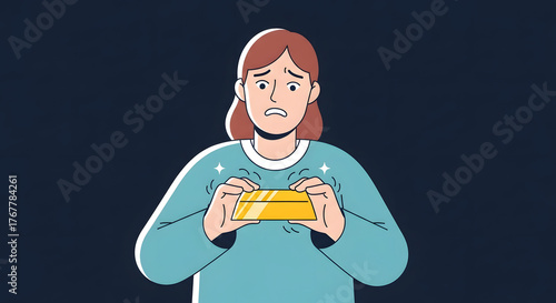 Woman Apprehensively Holding a Heavy Gold Bar