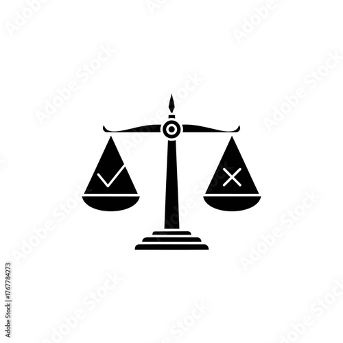 Vector art of black silhouette of a justice scale with a checkmark on one side and a cross on the other