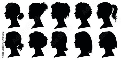 Female head profile silhouettes, elegant women cameo portrait vector collection