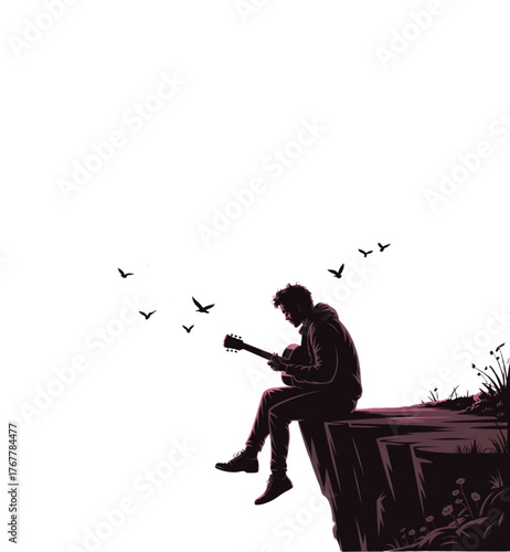 “Lonely Musician Playing Guitar on Cliff Edge at Sunset” 