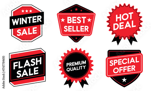 Sale badge label collection, red black promotional discount stickers and special offer tags for marketing design