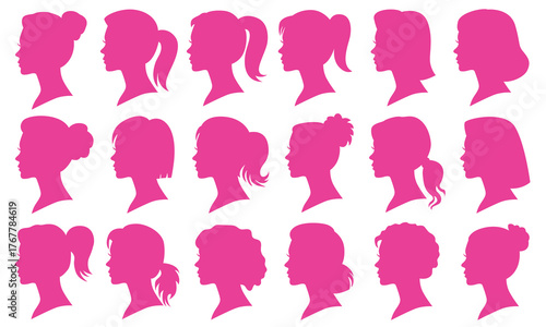 Female profile silhouette icons, diverse hairstyles for avatars and design