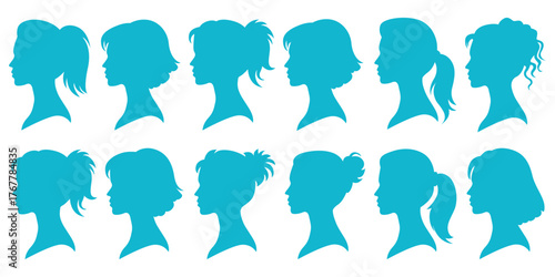 Women head profile silhouettes, elegant female cameo vector design