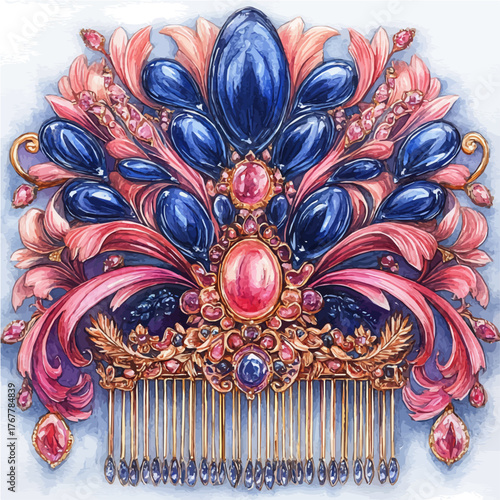 Royal Hair Comb, watercolor drawing vector, isolated on a white background.