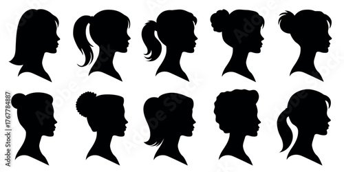 Women head profile silhouettes, black female cameo vector pack