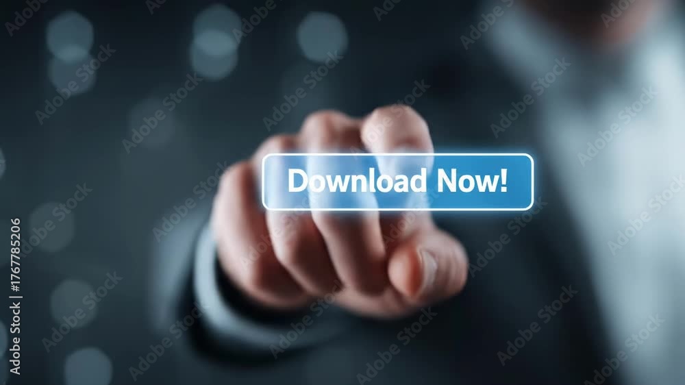 Close-up of a hand reaching toward a glowing blue download button amid a blurred dark tech backdrop