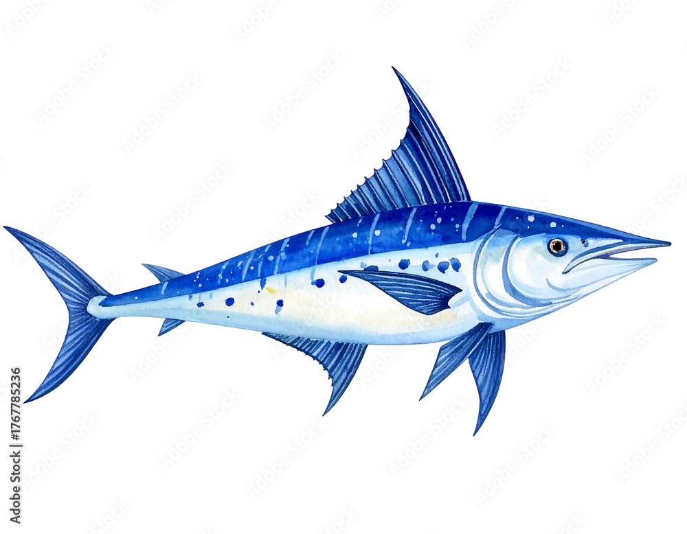 Fototapeta premium Blue marlin illustration with a long bill, stripes, and spots against a dark background