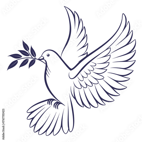 Dove in flight carrying an olive branch in its beak, symbolizing peace and hope for the future world