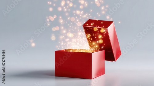 Vibrant red gift box overflowing with shimmering glitter a radiant glow, set backdrop grey against soft