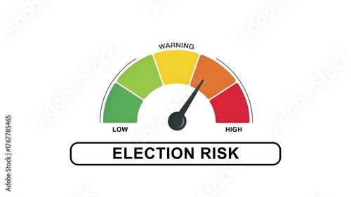 Animated election risk meter showing movement from low level to high level, ideal for illustrating political uncertainty, electoral volatility, and governance impact