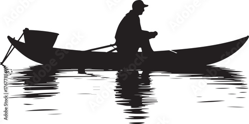Silhouette of a person in a rowboat fishing on rippling water vector