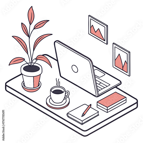 Isometric workspace with laptop, coffee, plant and pictures