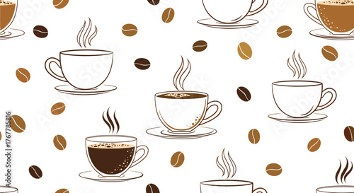 Seamless pattern of coffee cups with steaming coffee and scattered beans.