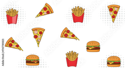 A vibrant pattern of fast food items including pizza slices, french fries, and burgers on a dotted background.