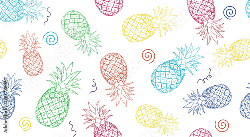 Seamless pattern of colorful hand-drawn pineapples and decorative swirls on a white background.