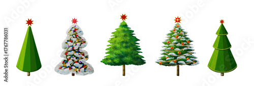 Green fir trees silhouette set isolated on transparent background.