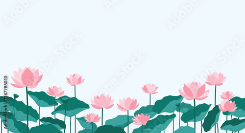 A field of pink lotus flowers and green leaves against a pale blue background.