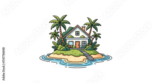 AI Vector Illustration Tropical Island Home, Palm Trees, Coastal House, Vacation