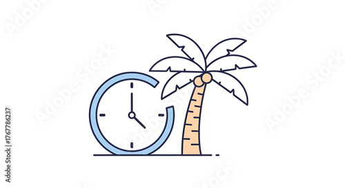 AI Vector Illustration of a Clock and Palm Tree Symbolizing Time and Travel Concept