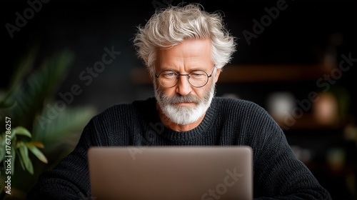 Focused senior man with gray hair using a laptop in a cozy setting.
