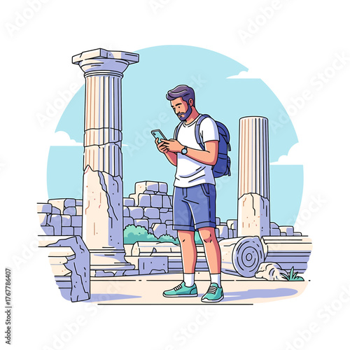 Man using AI on a smartphone amidst ancient ruins - Vector illustration imagefx_knmsim_via_RJ_ImageFX_Auto