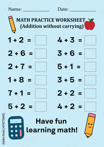 Basic Addition Math Practice Worksheet for Young Learners