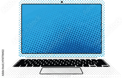 modern laptop illustration in pop art style with blue halftone screen representing technology, communication, and digital concept