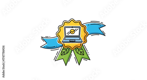 AI Achievement Award Vector illustration of a laptop icon within a badge and ribbon design