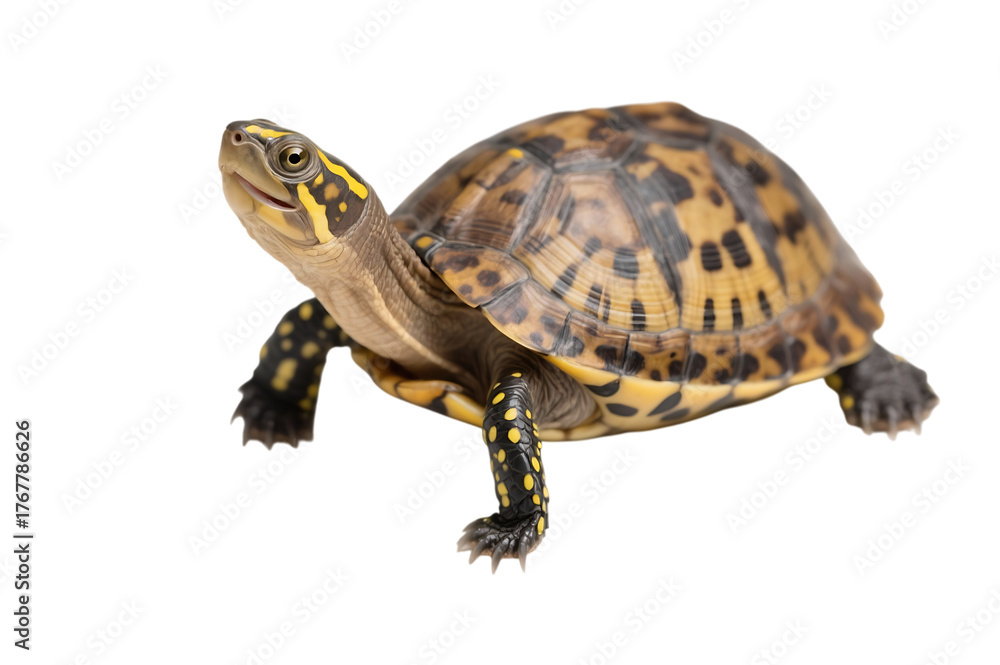 Fototapeta premium Box turtle with brown and yellow shell on black