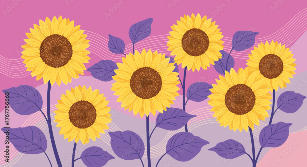 Obraz premium Bright yellow sunflowers with purple leaves against a soft pink and purple background with abstract waves.
