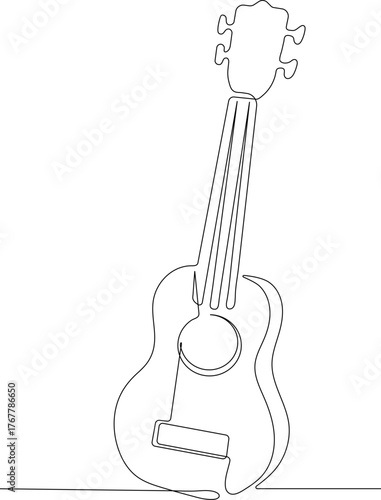 Minimalistic one line drawing of a guitar. Continuous line art style, simple elegant design for music and art concepts. Vector illustration isolated on white background.