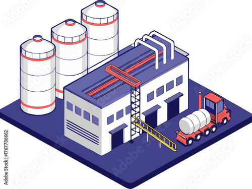 Soda soft drink production with robotic arm and logistic truck in cola factory, isometric blue color, isolated vector.