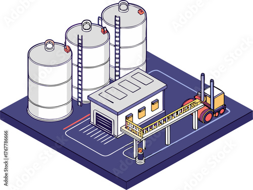 Red cola beverage production process with robotic arms and logistics truck, CPG industry concept, isometric blue isolated illustration.