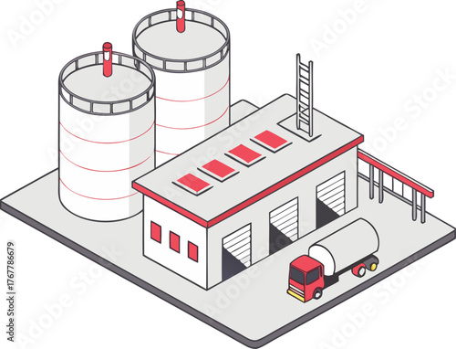 CPG industry concept — robotic arm and logistics truck in soda factory producing red cola drink, isometric grey illustration.