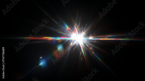 Bright professional lens flare light effect with hexagonal bokeh pattern and rainbow chromatic aberration on pure black background, high contrast optical rays, clean edges