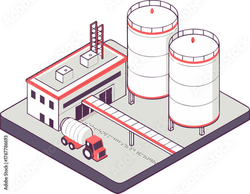 Robotic arm in cola production factory, soft drink manufacturing with logistic truck, grey isometric isolated vector.