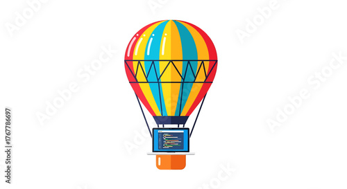 A vibrant hot air balloon with a coding laptop symbolizing an AI tech launch, vector illustration