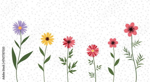 Collection of colorful daisy-like flowers against a white background with light gray dots.