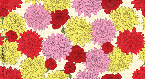Seamless pattern of colorful chrysanthemums and roses on a dotted background.