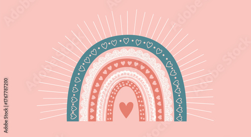 Boho rainbow illustration with heart shapes and sunburst rays on a pink background.
